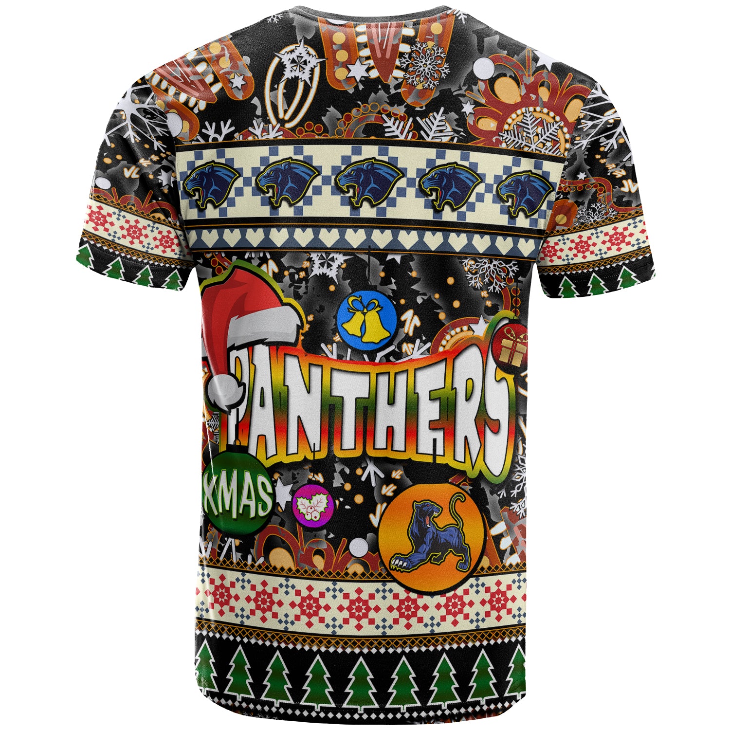 panthers-rugby-christmas-t-shirt-custom-xmas-panthers-christmas-balls-snowflake-with-aboriginal-patterns-t-shirt