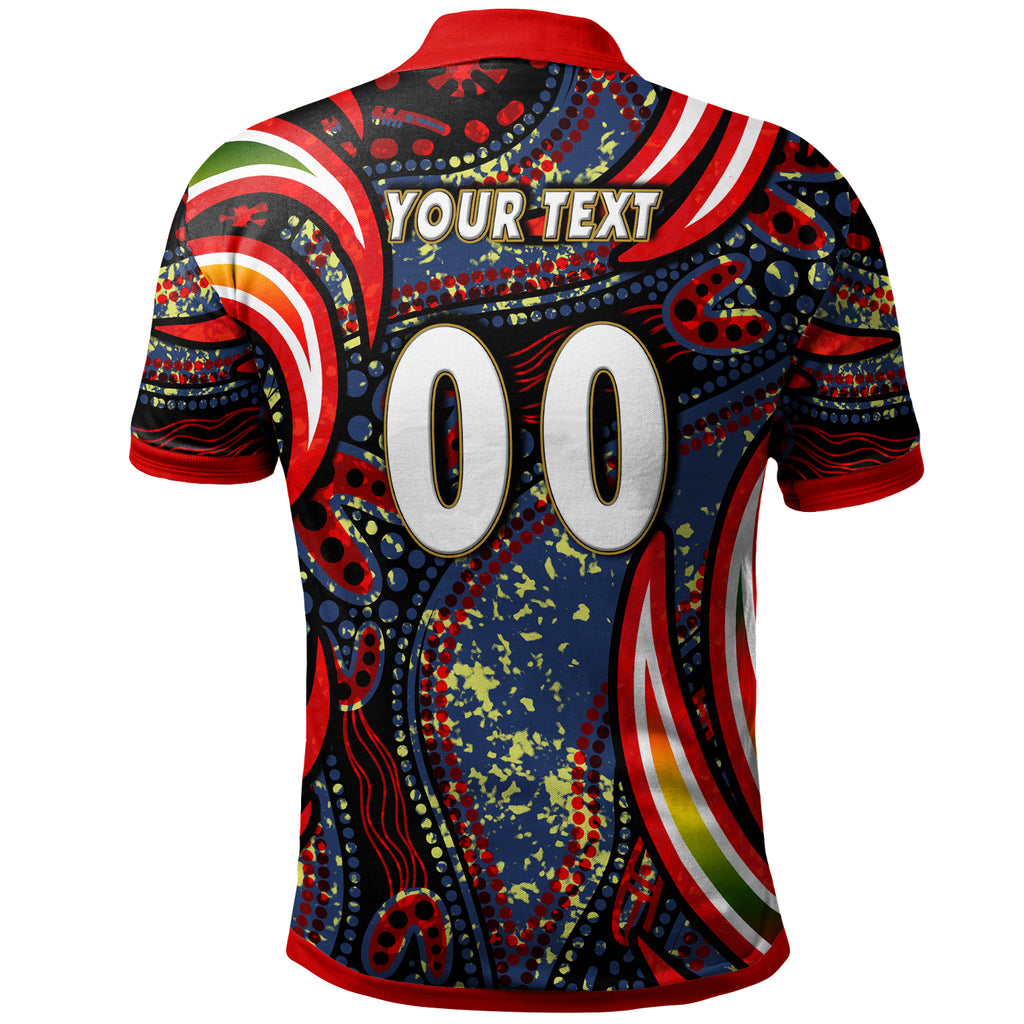 nrlw-roosters-rugby-polo-shirt-custom-womens-rugby-league-with-aboriginal-style-player-and-number-polo-shirt
