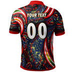 nrlw-roosters-rugby-polo-shirt-custom-womens-rugby-league-with-aboriginal-style-player-and-number-polo-shirt