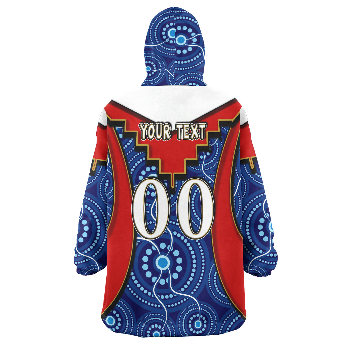 roosters-rugby-snug-hoodie-custom-rooster-with-rugby-ball-aboriginal-dot-painting-personalised-player-and-number-oodie-blanket