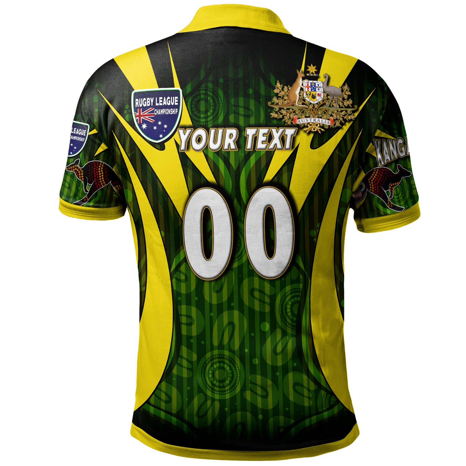 kangaroos-rugby-polo-shirt-custom-kangaroo-rugby-league-coat-of-arms-aboriginal-culture-personalised-player-and-number-polo-shirt