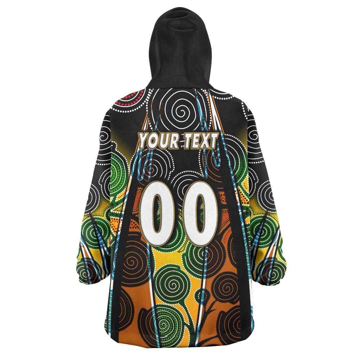 tigers-rugby-snug-hoodie-custom-tiger-rugby-ball-aboriginal-art-vector-painting-personalised-player-and-number-oodie-blanket