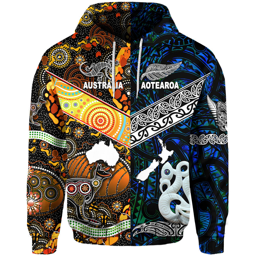 custom-personalised-new-zealand-maori-aotearoa-and-australia-aboriginal-hoodie-together-blue-custom-text-and-number