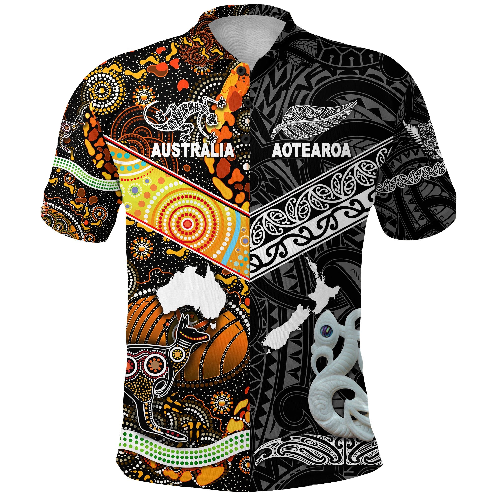 custom-personalised-new-zealand-maori-aotearoa-and-australia-aboriginal-polo-shirt-together-black-custom-text-and-number