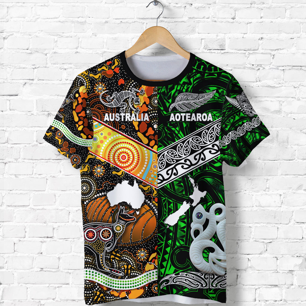 custom-personalised-new-zealand-maori-aotearoa-and-australia-aboriginal-t-shirt-together-green-custom-text-and-number