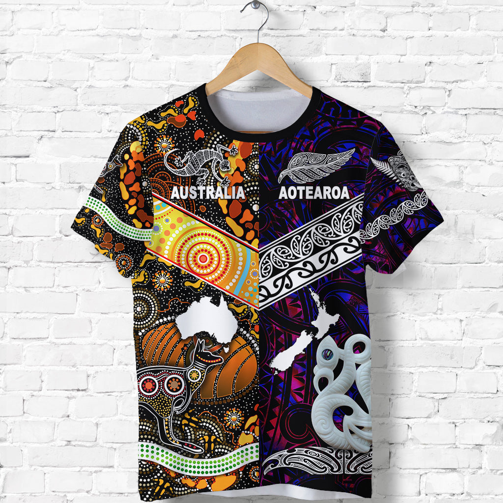 custom-personalised-new-zealand-maori-aotearoa-and-australia-aboriginal-t-shirt-together-purple-custom-text-and-number