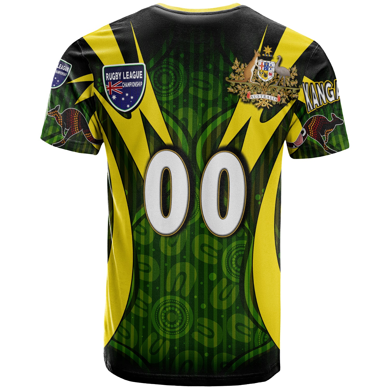 kangaroos-rugby-t-shirt-custom-kangaroo-rugby-league-coat-of-arms-aboriginal-culture-personalised-player-and-number-t-shirt