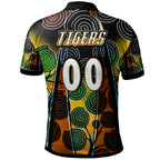 tigers-rugby-polo-shirt-custom-tiger-rugby-ball-aboriginal-art-vector-painting-personalised-player-and-number-polo-shirt