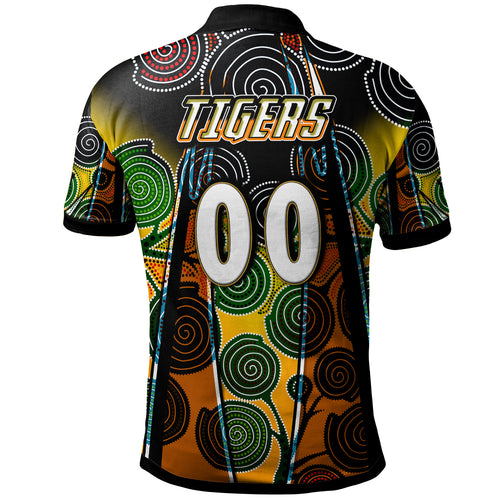 tigers-rugby-polo-shirt-custom-tiger-rugby-ball-aboriginal-art-vector-painting-personalised-player-and-number-polo-shirt