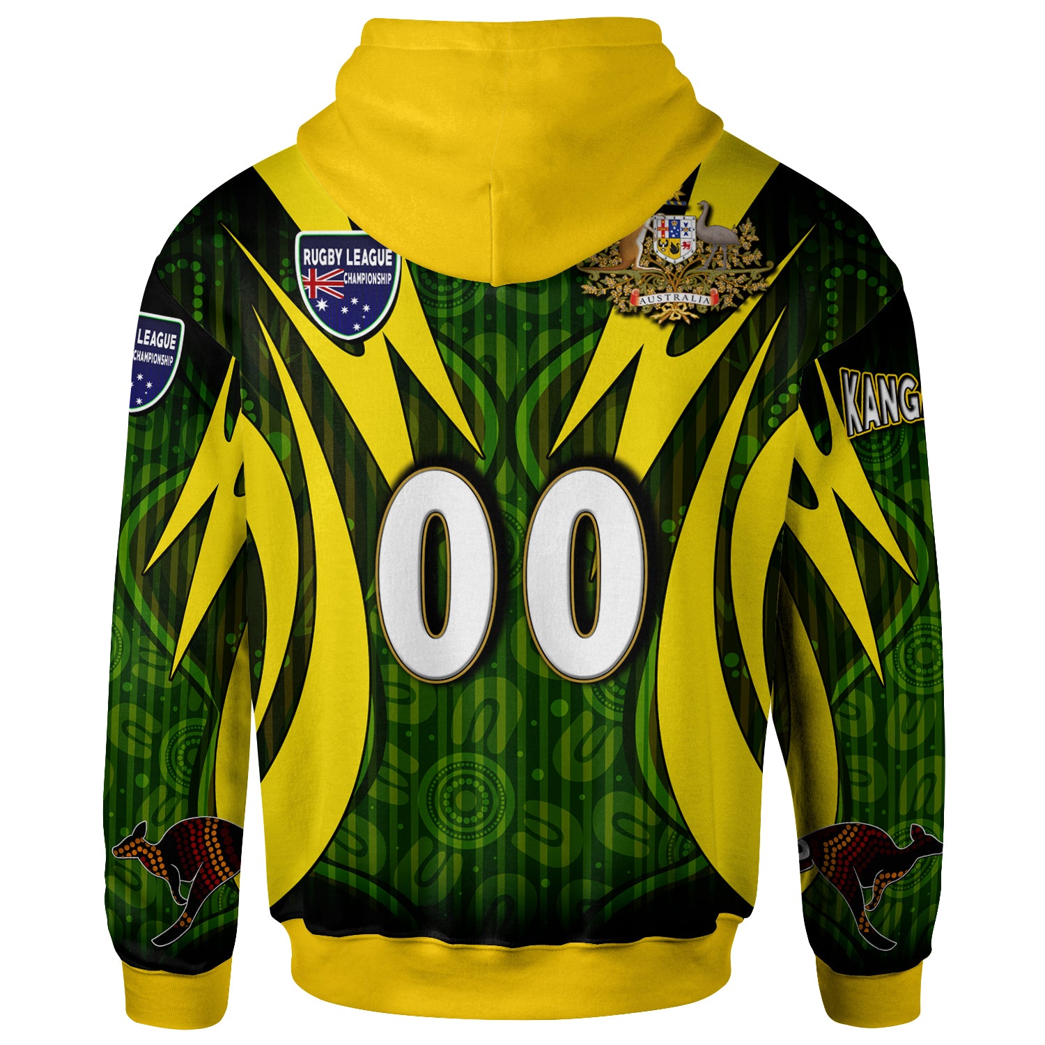 kangaroos-rugby-hoodie-custom-kangaroo-rugby-league-coat-of-arms-aboriginal-culture-personalised-player-and-number-hoodie