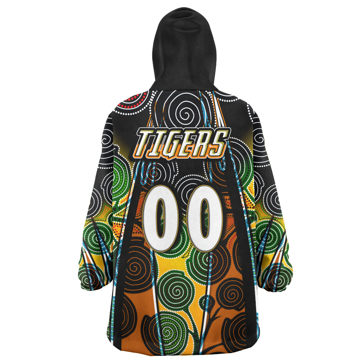 tigers-rugby-snug-hoodie-custom-tiger-rugby-ball-aboriginal-art-vector-painting-personalised-player-and-number-oodie-blanket