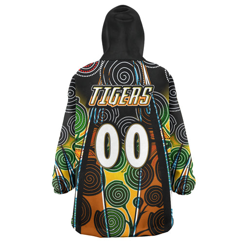tigers-rugby-snug-hoodie-custom-tiger-rugby-ball-aboriginal-art-vector-painting-personalised-player-and-number-oodie-blanket