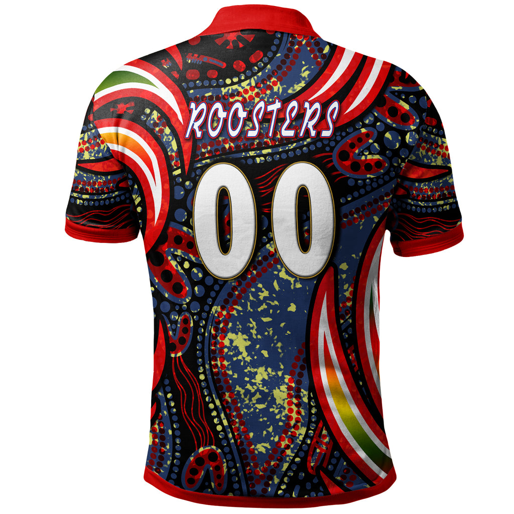 nrlw-roosters-rugby-polo-shirt-custom-womens-rugby-league-with-aboriginal-style-player-and-number-polo-shirt