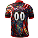 nrlw-roosters-rugby-polo-shirt-custom-womens-rugby-league-with-aboriginal-style-player-and-number-polo-shirt