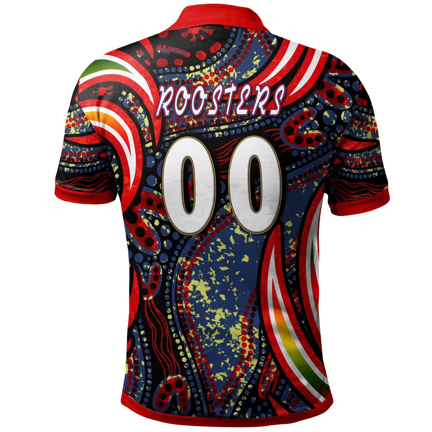nrlw-roosters-rugby-polo-shirt-custom-womens-rugby-league-with-aboriginal-style-player-and-number-polo-shirt