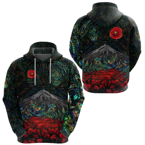 Warriors Rugby Hoodie New Zealand Mount Taranaki With Poppy Flowers Anzac Vibes - Paua Shell
