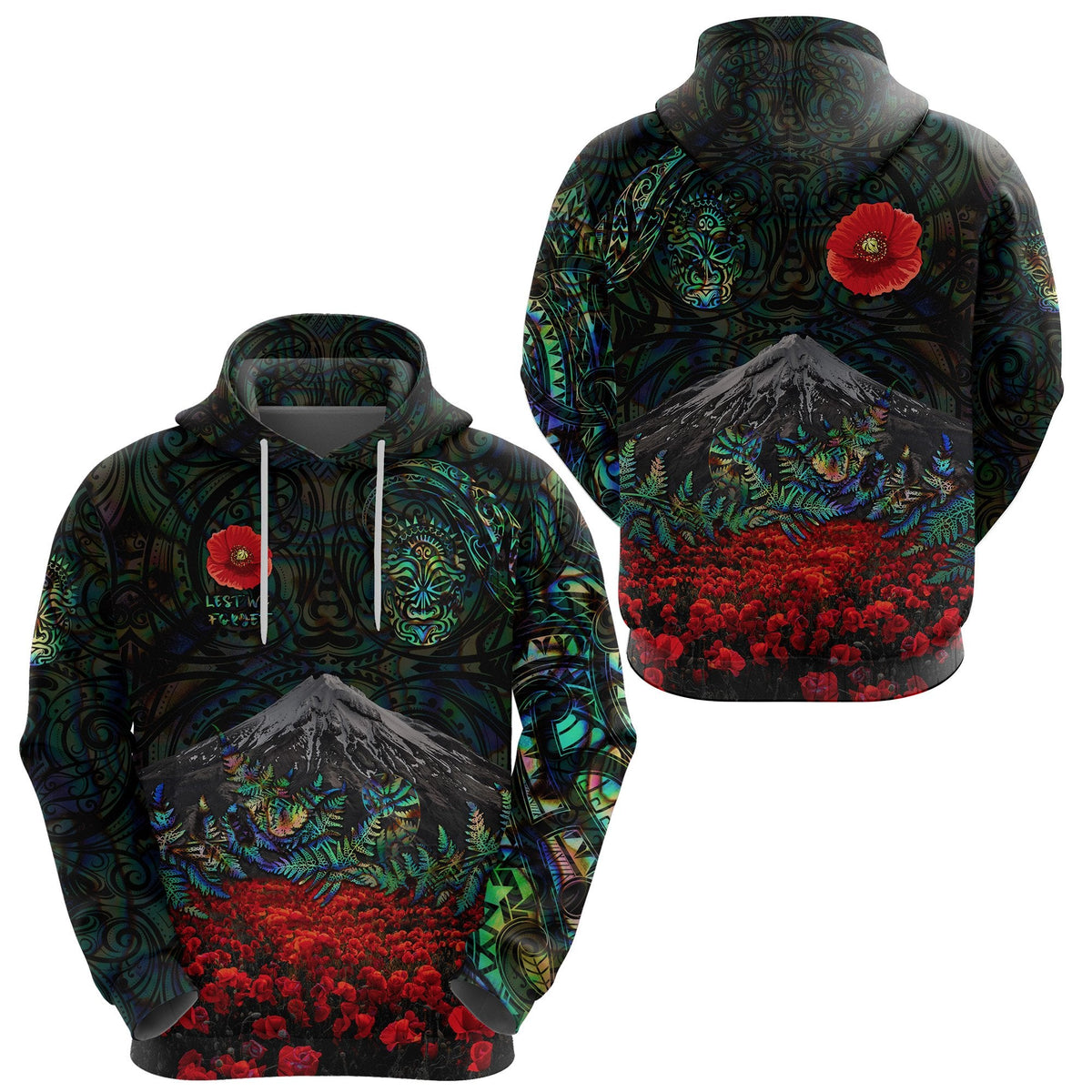Warriors Rugby Hoodie New Zealand Mount Taranaki With Poppy Flowers Anzac Vibes - Paua Shell
