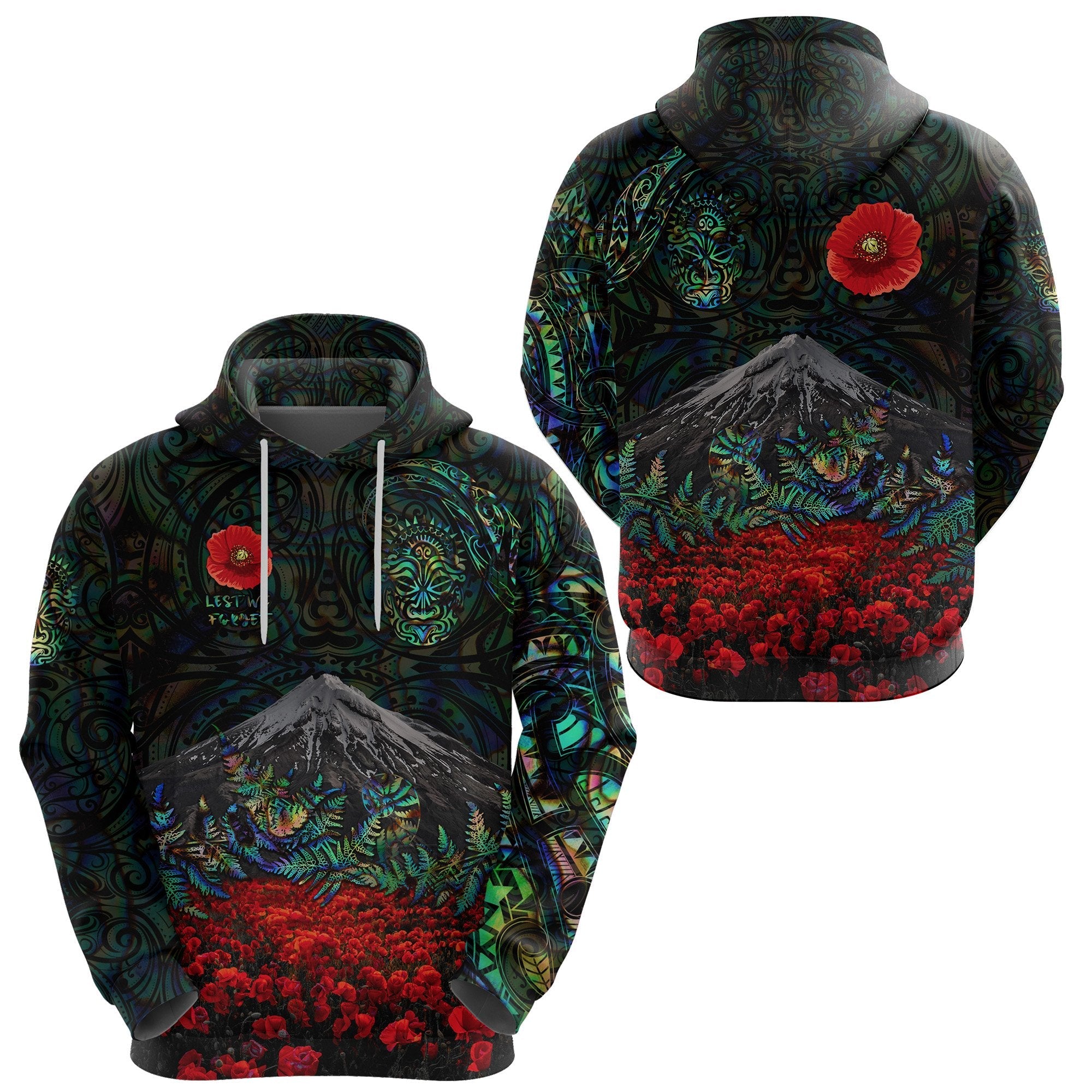 Warriors Rugby Hoodie New Zealand Mount Taranaki With Poppy Flowers Anzac Vibes - Paua Shell