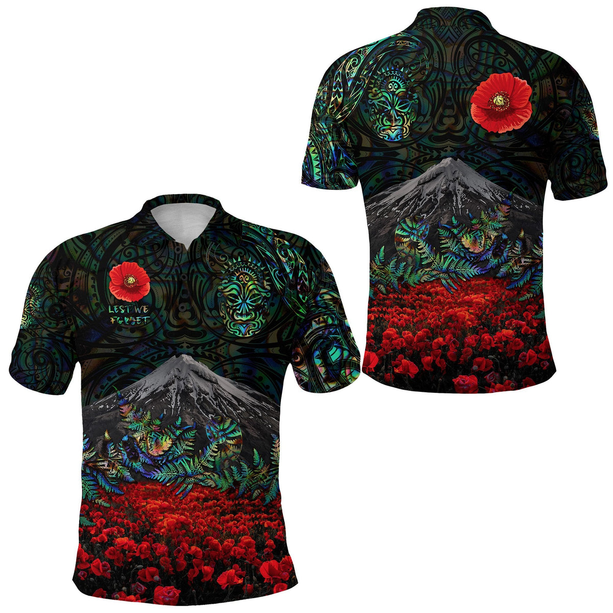 warriors-rugby-polo-shirt-new-zealand-mount-taranaki-with-poppy-flowers-anzac-vibes-paua-shell-3