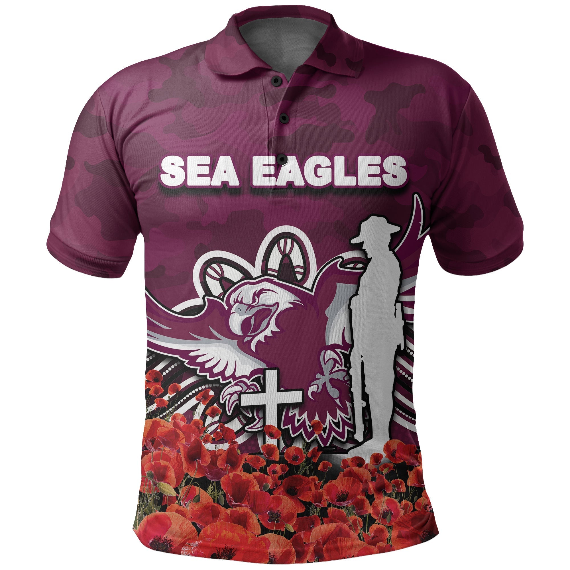 Sea Eagles Polo Shirt Anzac Day Poppy Flowers With Army Patterns