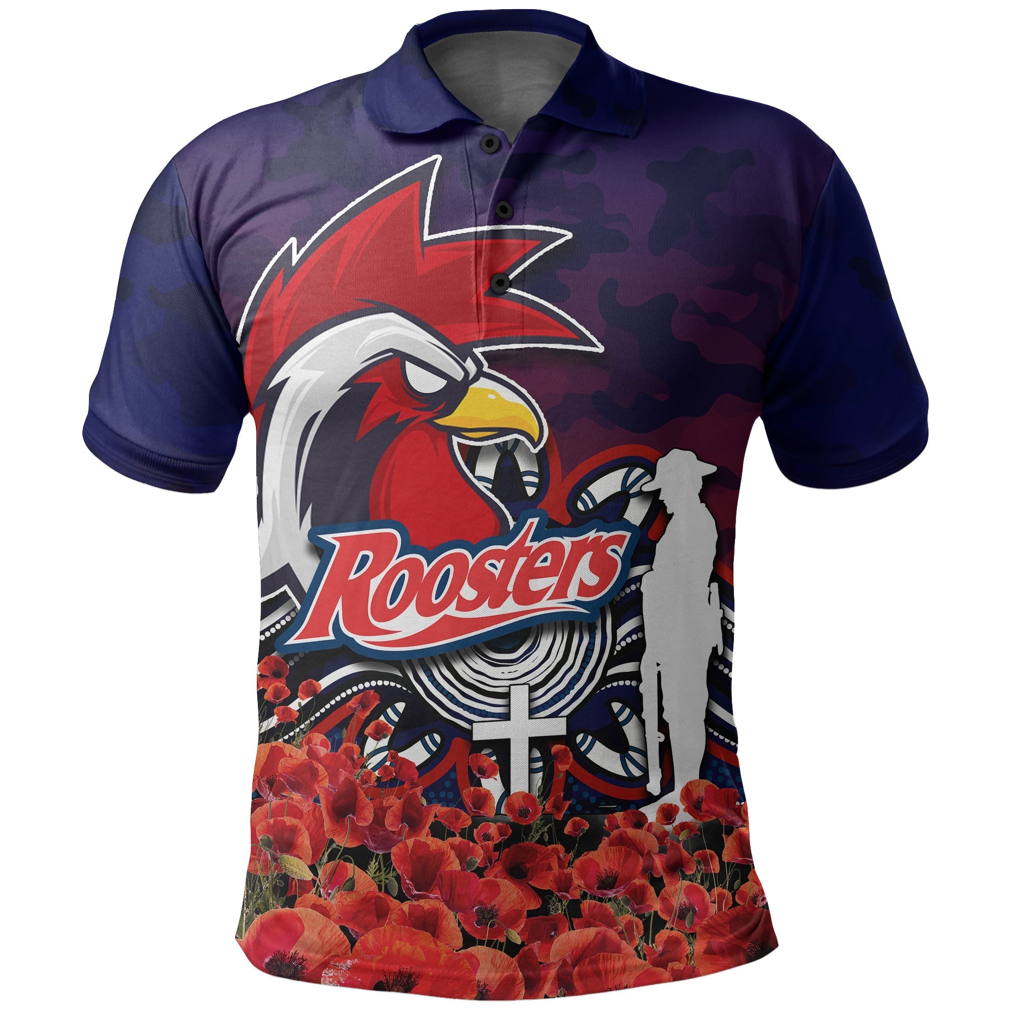Roosters Polo Shirts Anzac Day Poppy Flowers With Army Patterns