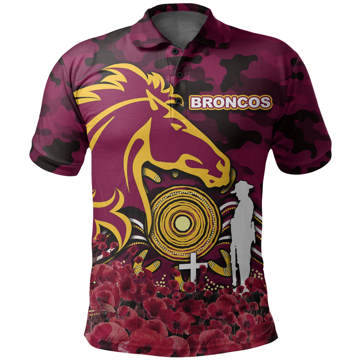 Broncos Polo Shirts  Anzac Day Poppy Flowers With Army Patterns