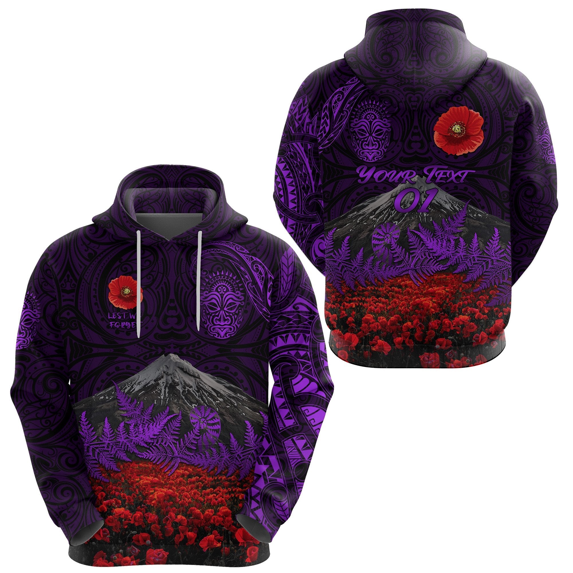custom-personalised-warriors-rugby-hoodie-new-zealand-mount-taranaki-with-poppy-flowers-anzac-vibes-purple-custom-text-and-number