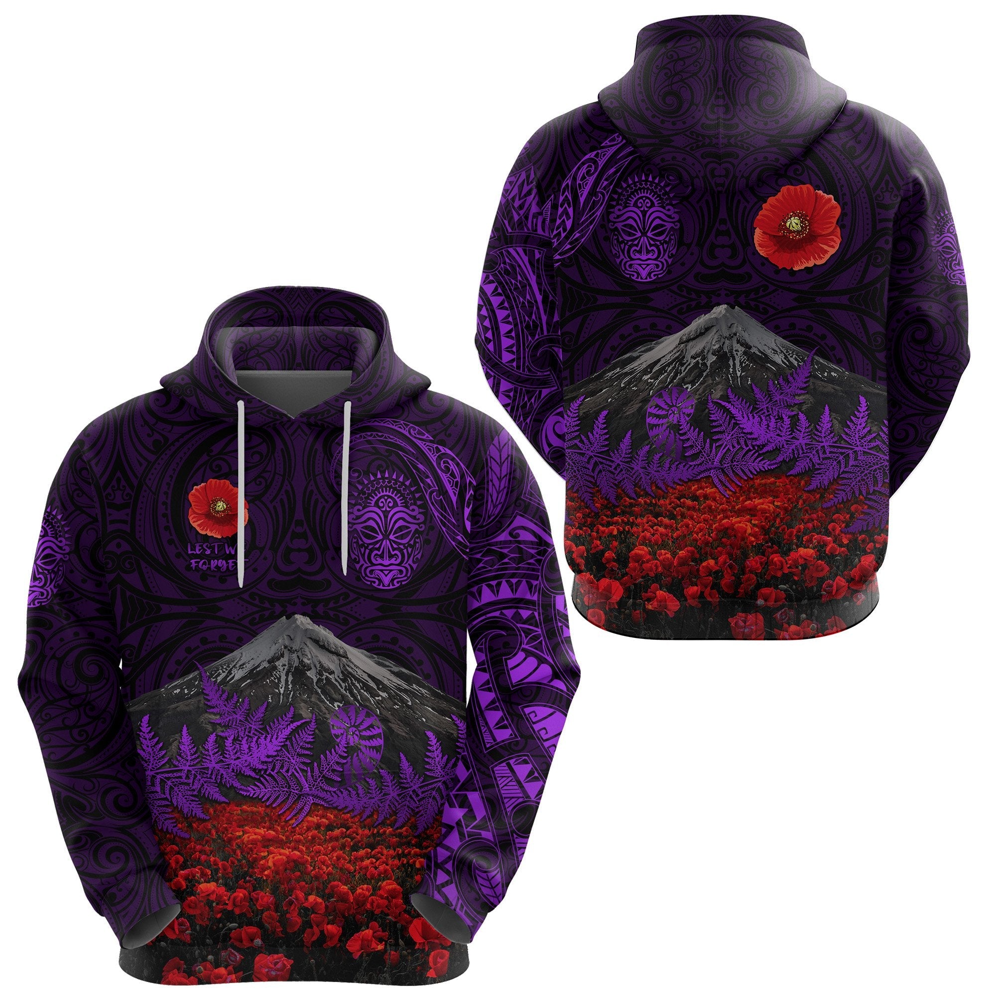 Warriors Rugby Hoodie New Zealand Mount Taranaki With Poppy Flowers Anzac Vibes Purple