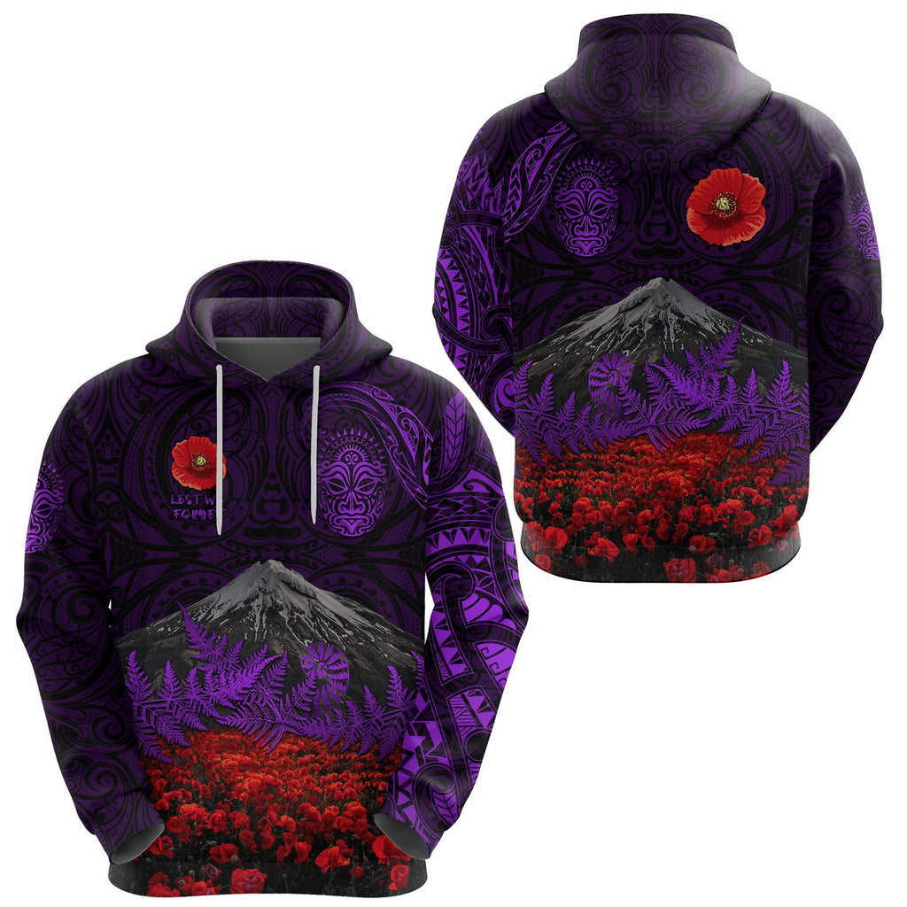 Warriors Rugby Hoodie New Zealand Mount Taranaki With Poppy Flowers Anzac Vibes Purple