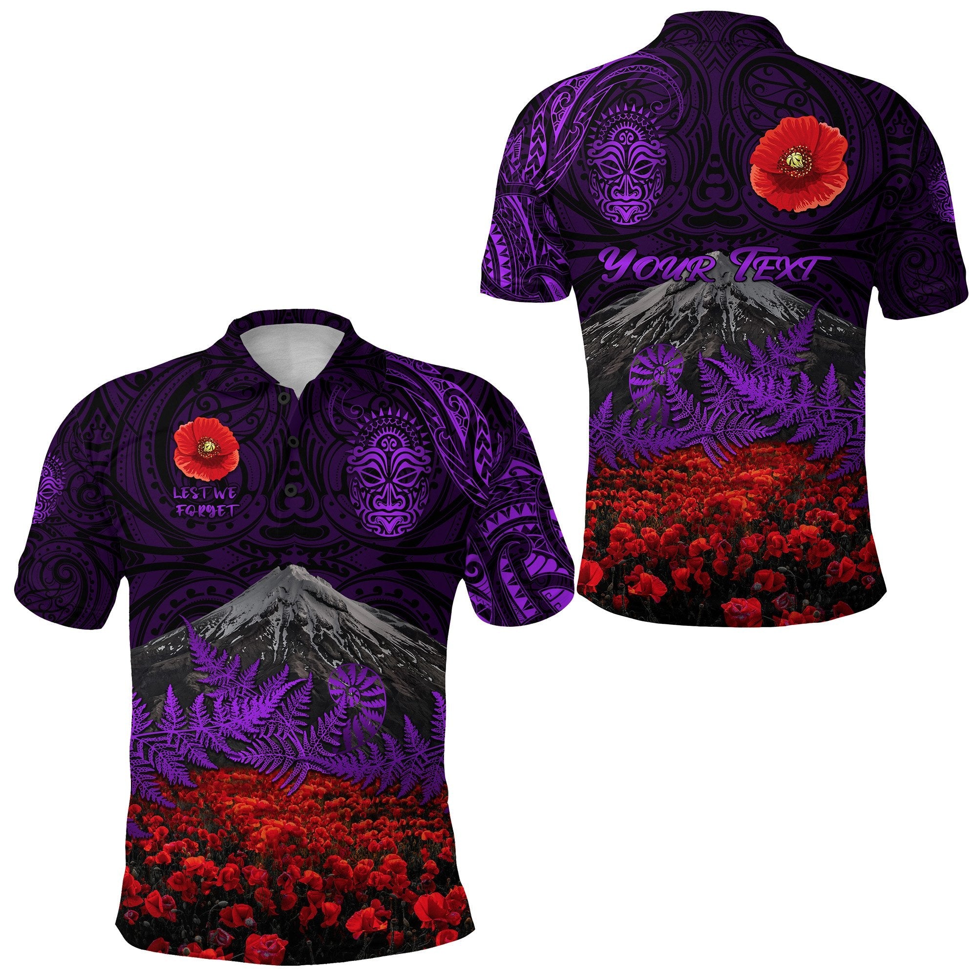 custom-personalised-warriors-rugby-polo-shirt-new-zealand-mount-taranaki-with-poppy-flowers-anzac-vibes-purple-2