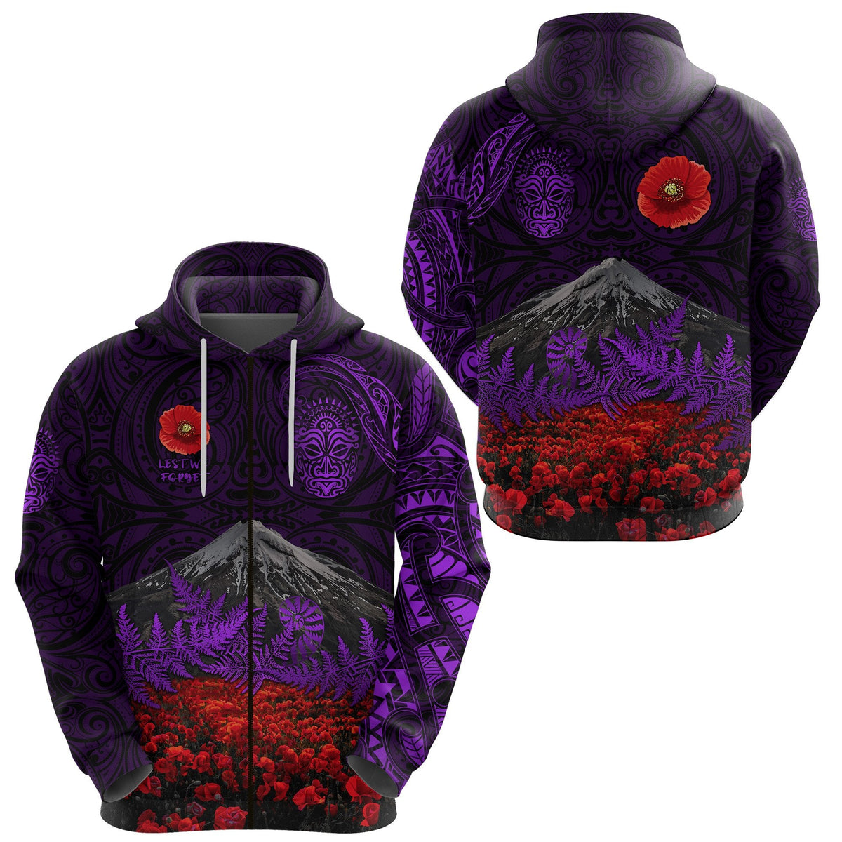 warriors-rugby-zip-hoodie-new-zealand-mount-taranaki-with-poppy-flowers-anzac-vibes-purple-1