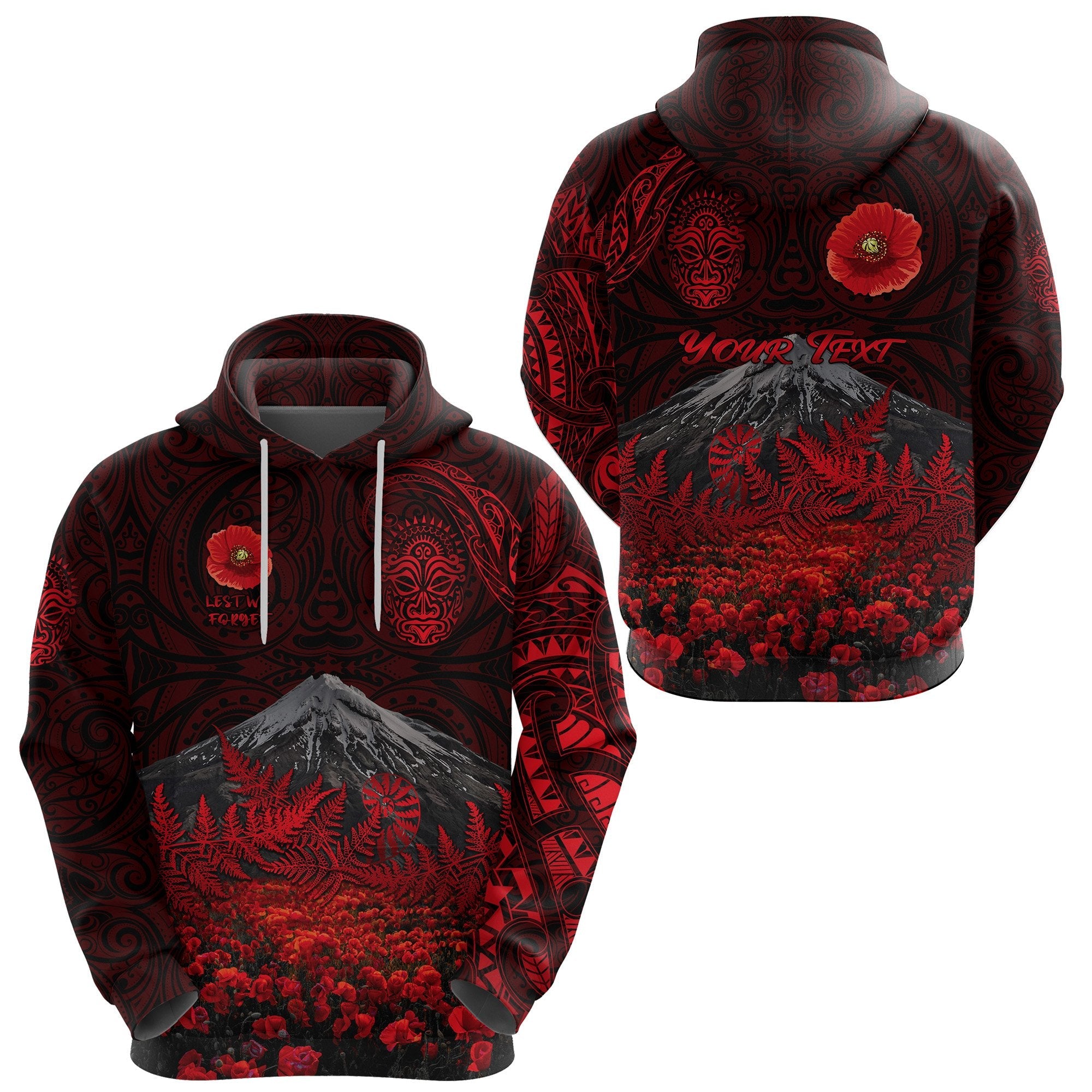 custom-personalised-warriors-rugby-hoodie-new-zealand-mount-taranaki-with-poppy-flowers-anzac-vibes