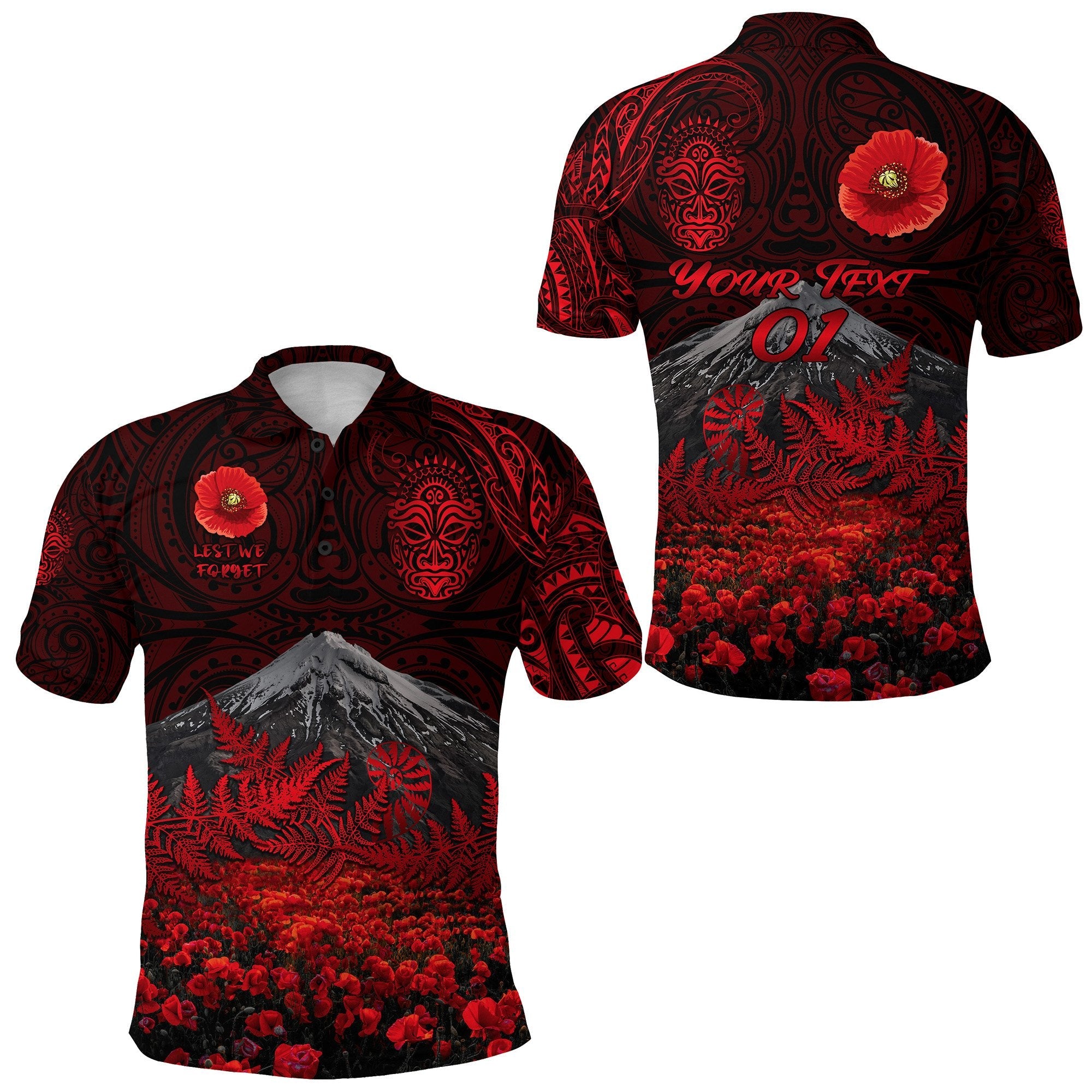 custom-personalised-warriors-rugby-polo-shirt-new-zealand-mount-taranaki-with-poppy-flowers-anzac-vibes-red-custom-text-and-number-2