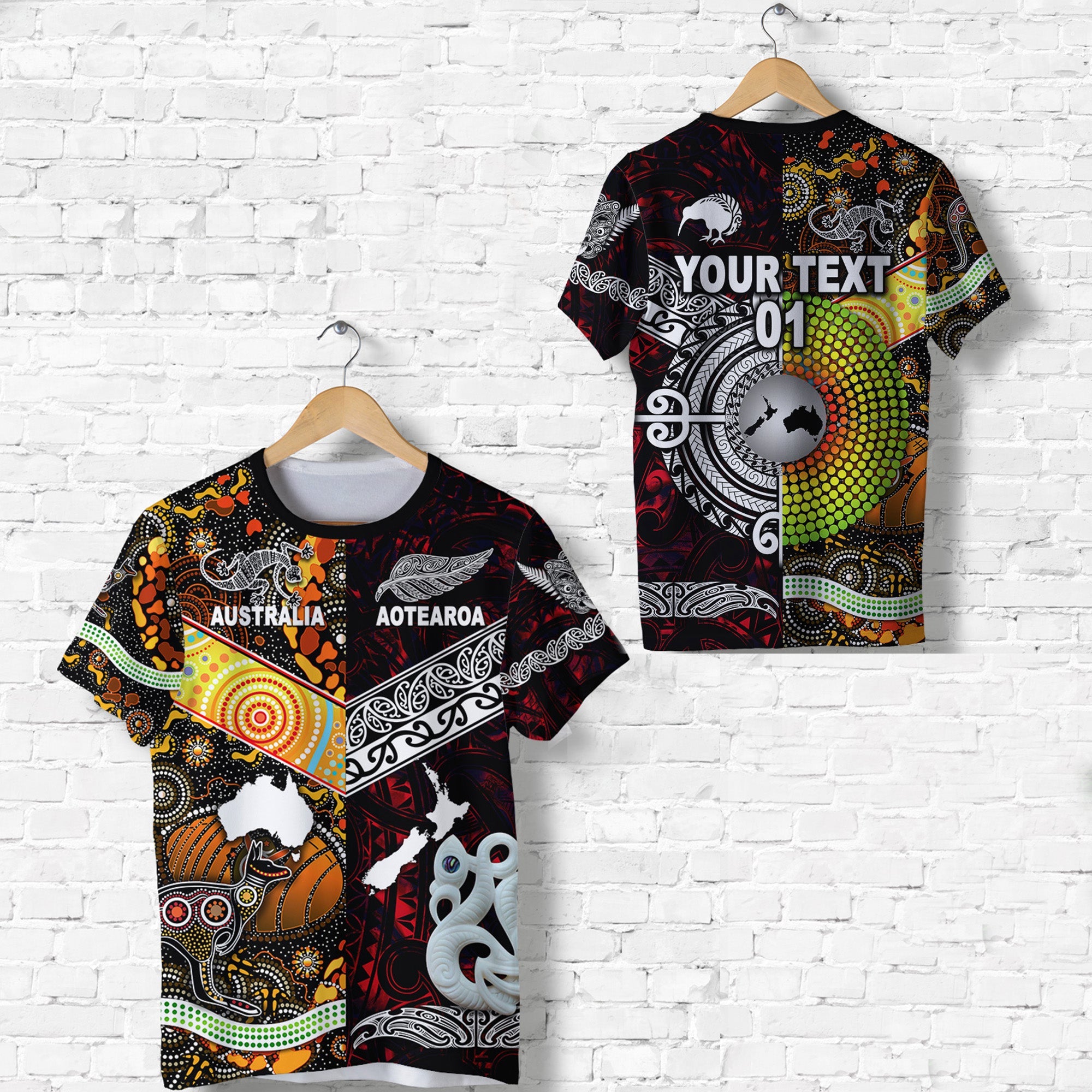 custom-personalised-new-zealand-maori-aotearoa-and-australia-aboriginal-t-shirt-together-red-custom-text-and-number