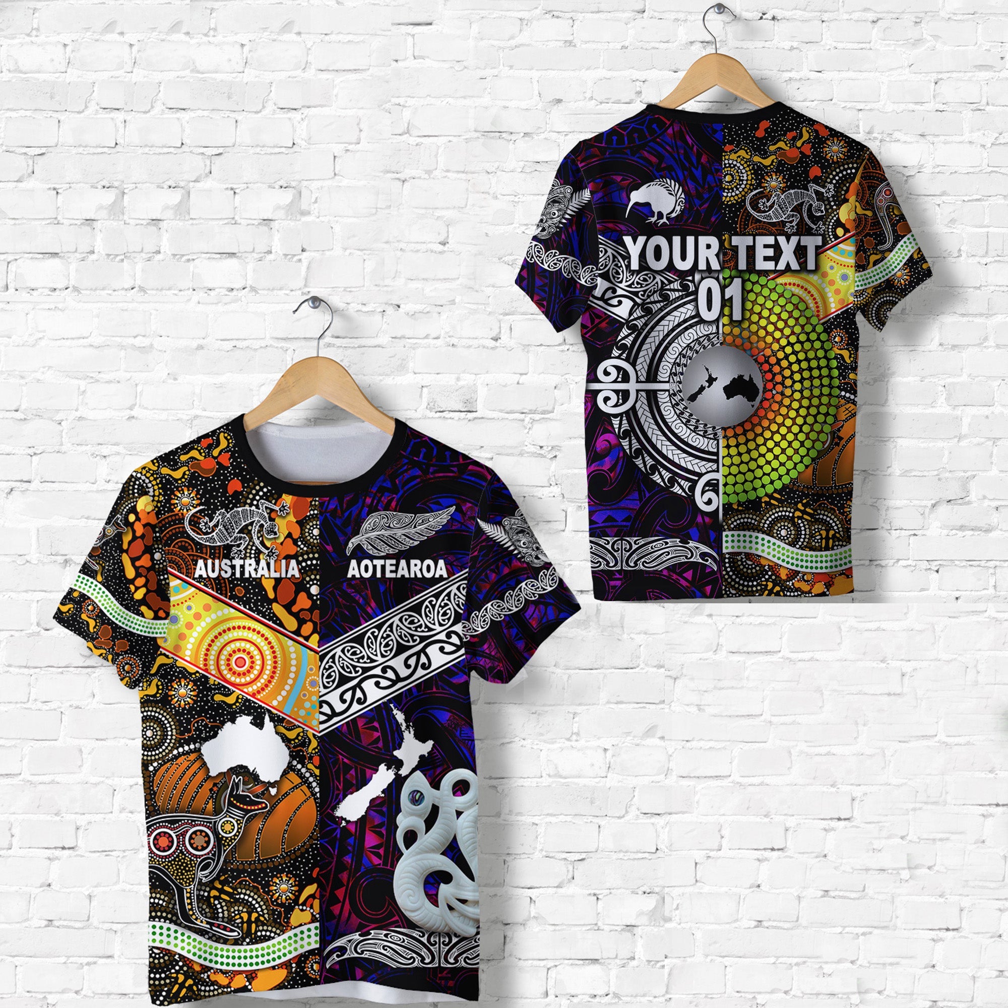 custom-personalised-new-zealand-maori-aotearoa-and-australia-aboriginal-t-shirt-together-purple-custom-text-and-number