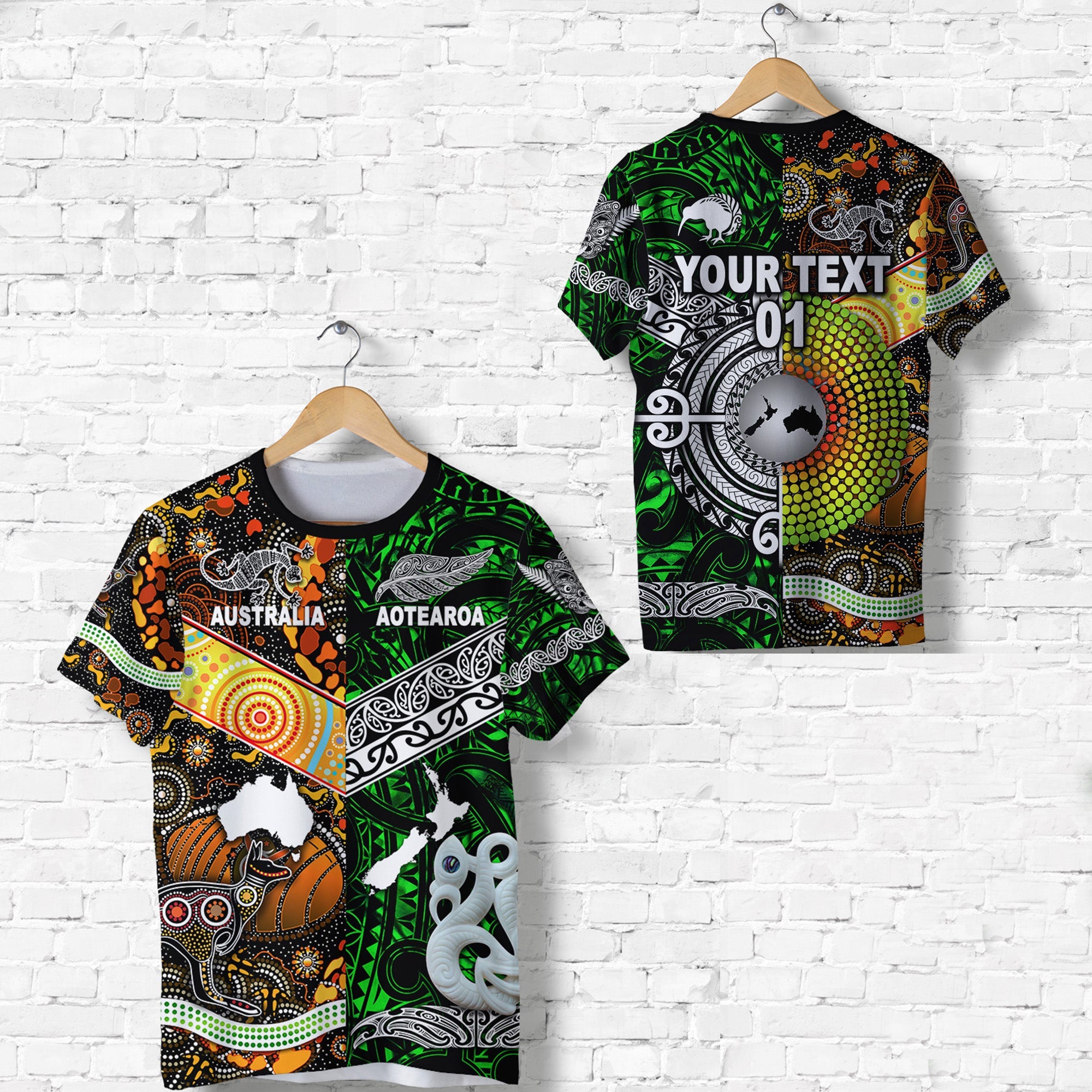 custom-personalised-new-zealand-maori-aotearoa-and-australia-aboriginal-t-shirt-together-green-custom-text-and-number