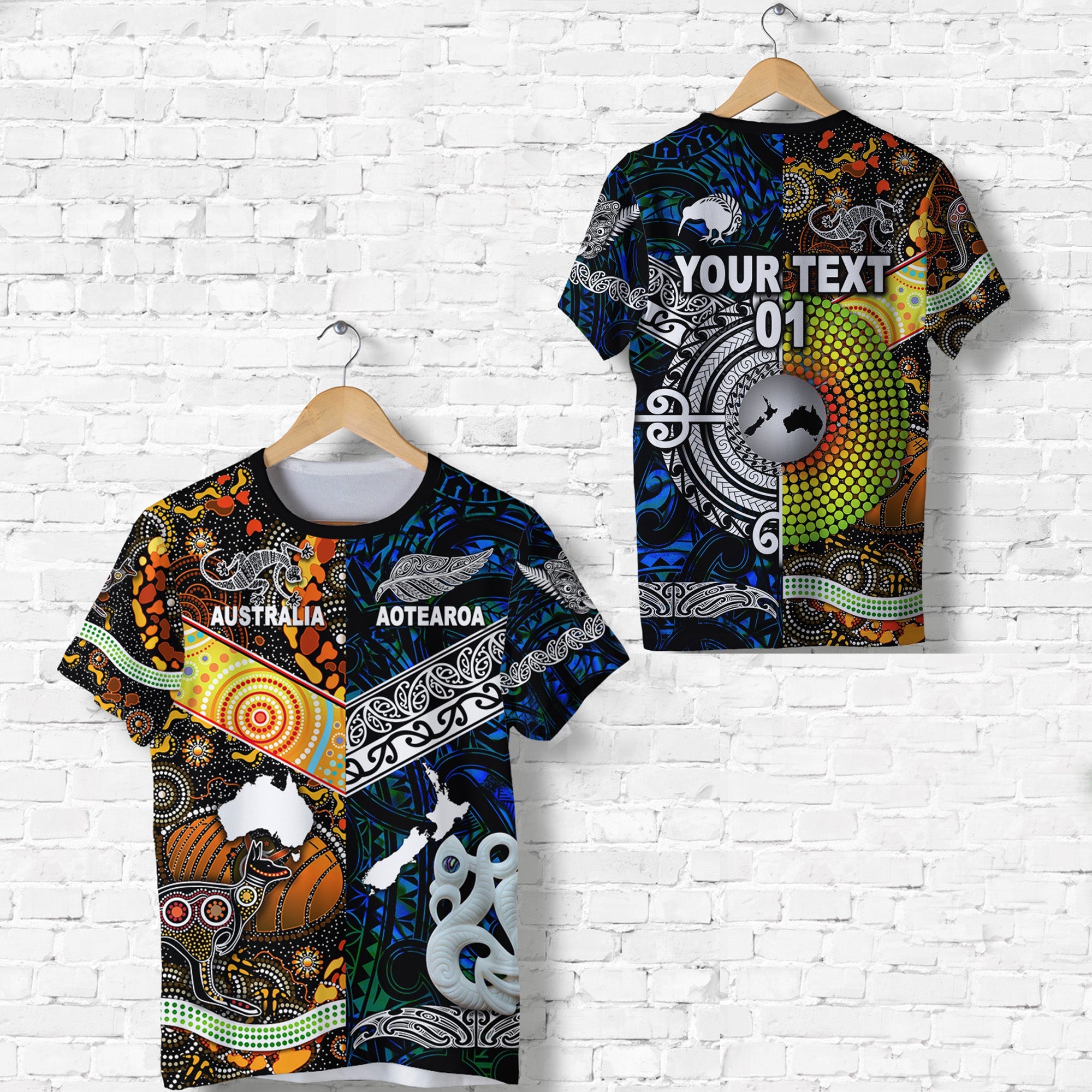 custom-personalised-new-zealand-maori-aotearoa-and-australia-aboriginal-t-shirt-together-blue-custom-text-and-number