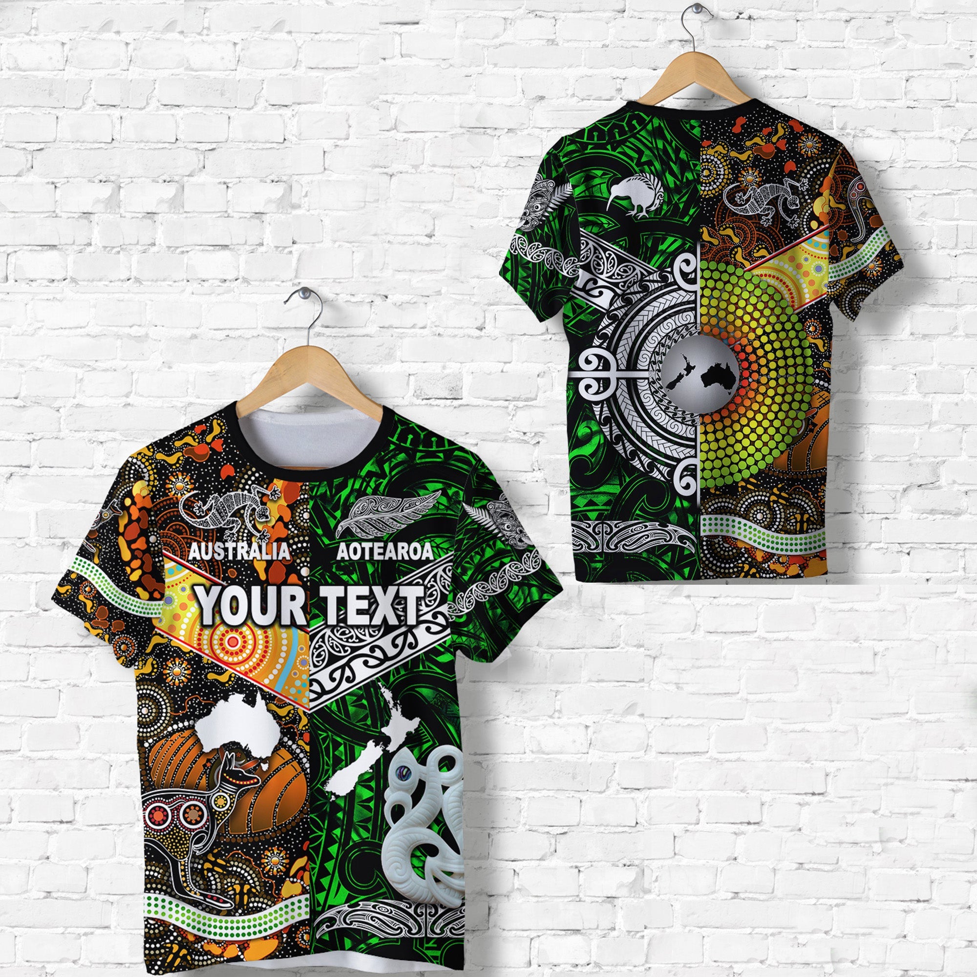 custom-personalised-new-zealand-maori-aotearoa-and-australia-aboriginal-t-shirt-together-green