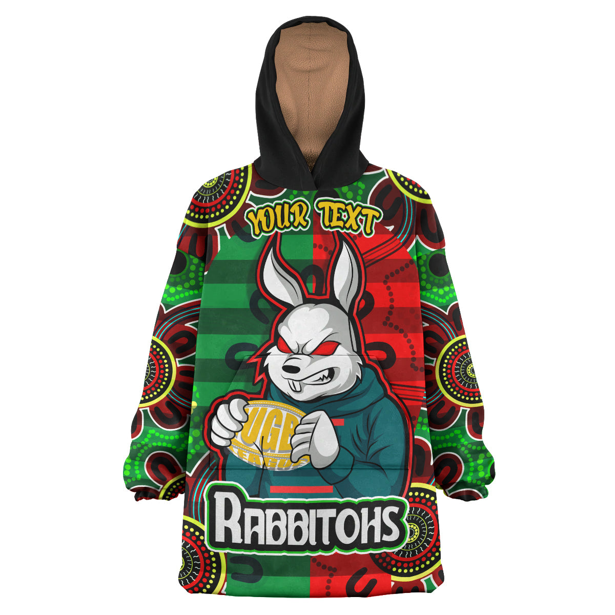 rabbitohs-rugby-snug-hoodie-custom-rabbitohs-with-rugby-ball-aboriginal-style-of-dot-painting-patterns-custom-oodie-blanket