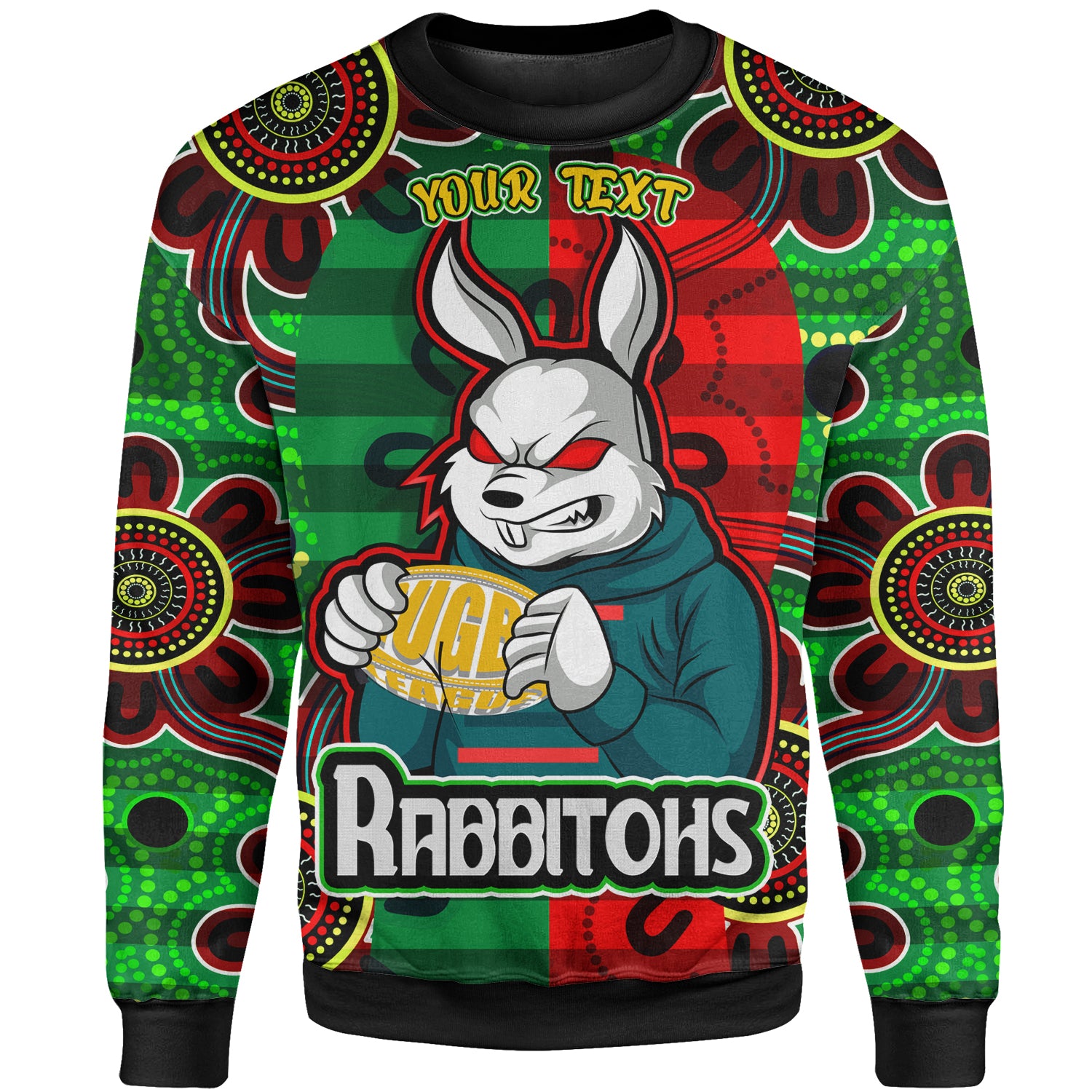 rabbitohs-rugby-custom-sweatshirt-rabbitohs-with-rugby-ball-aboriginal-style-of-dot-painting-patterns-custom-sweatshirt