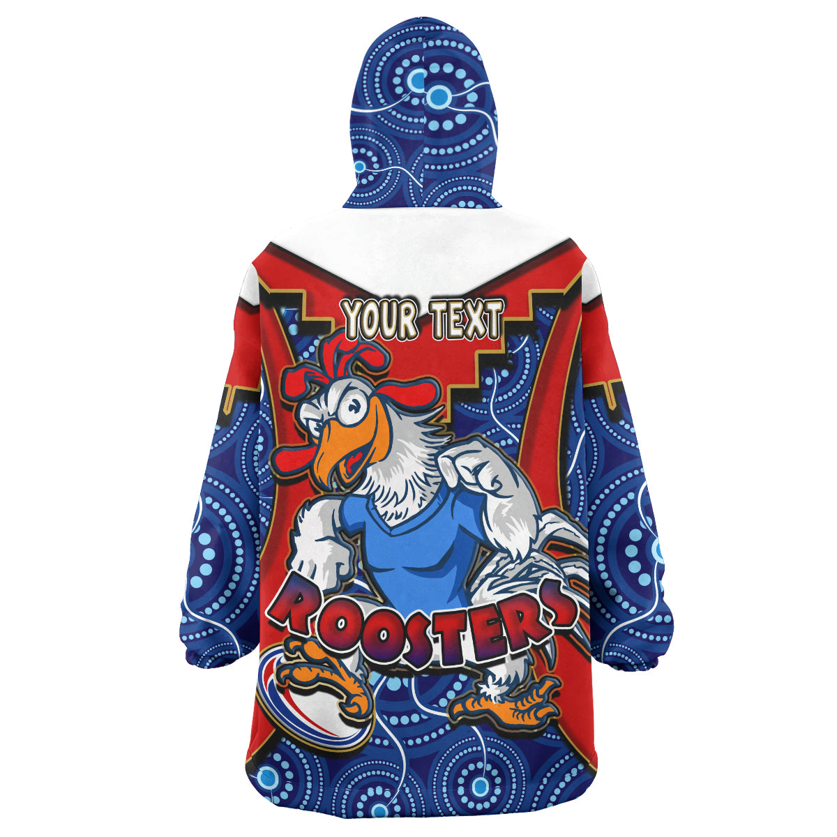 roosters-rugby-snug-hoodie-custom-rooster-with-rugby-ball-aboriginal-dot-painting-personalised-player-and-number-oodie-blanket