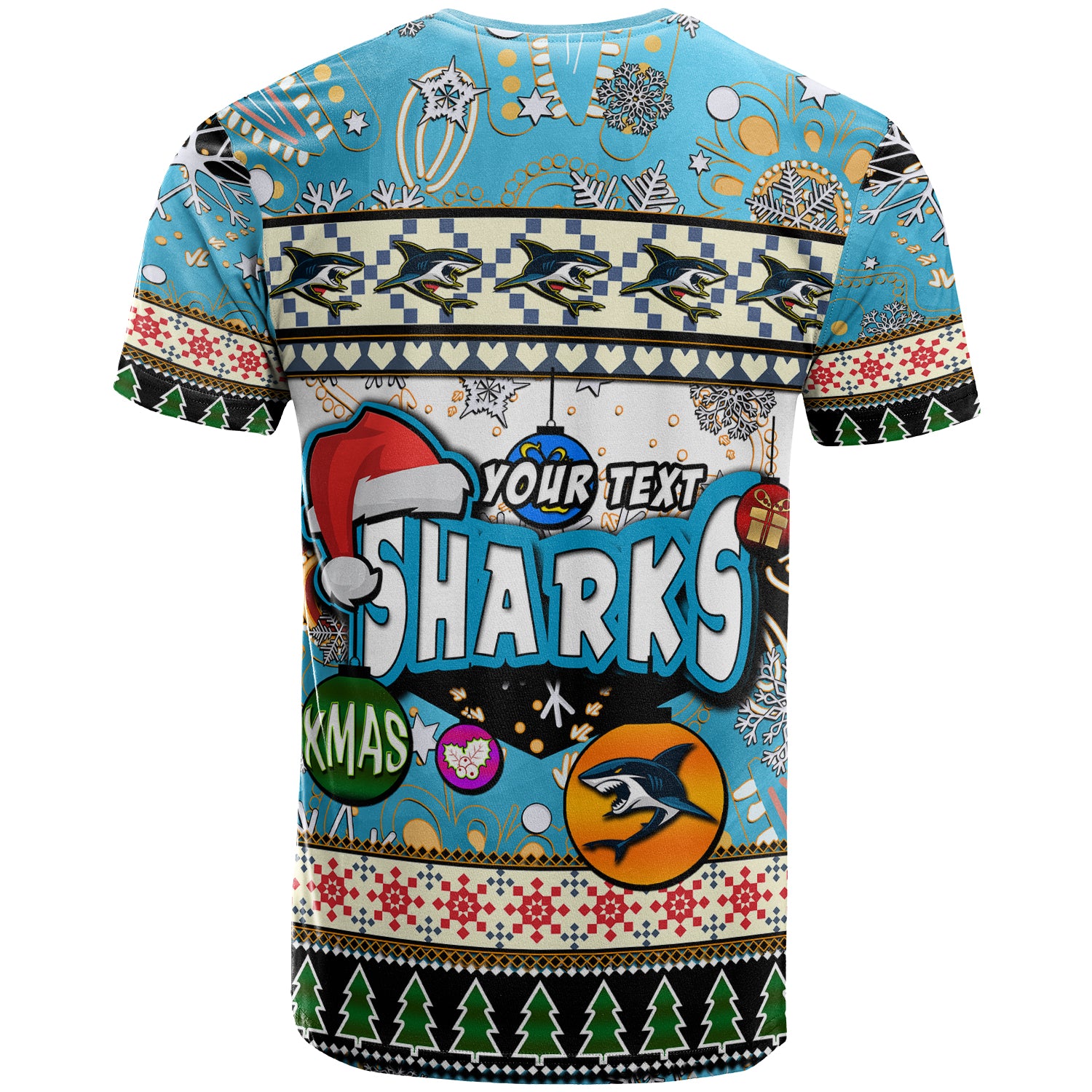 sharks-rugby-christmas-t-shirt-custom-xmas-sharks-christmas-balls-snowflake-with-aboriginal-patterns-t-shirt