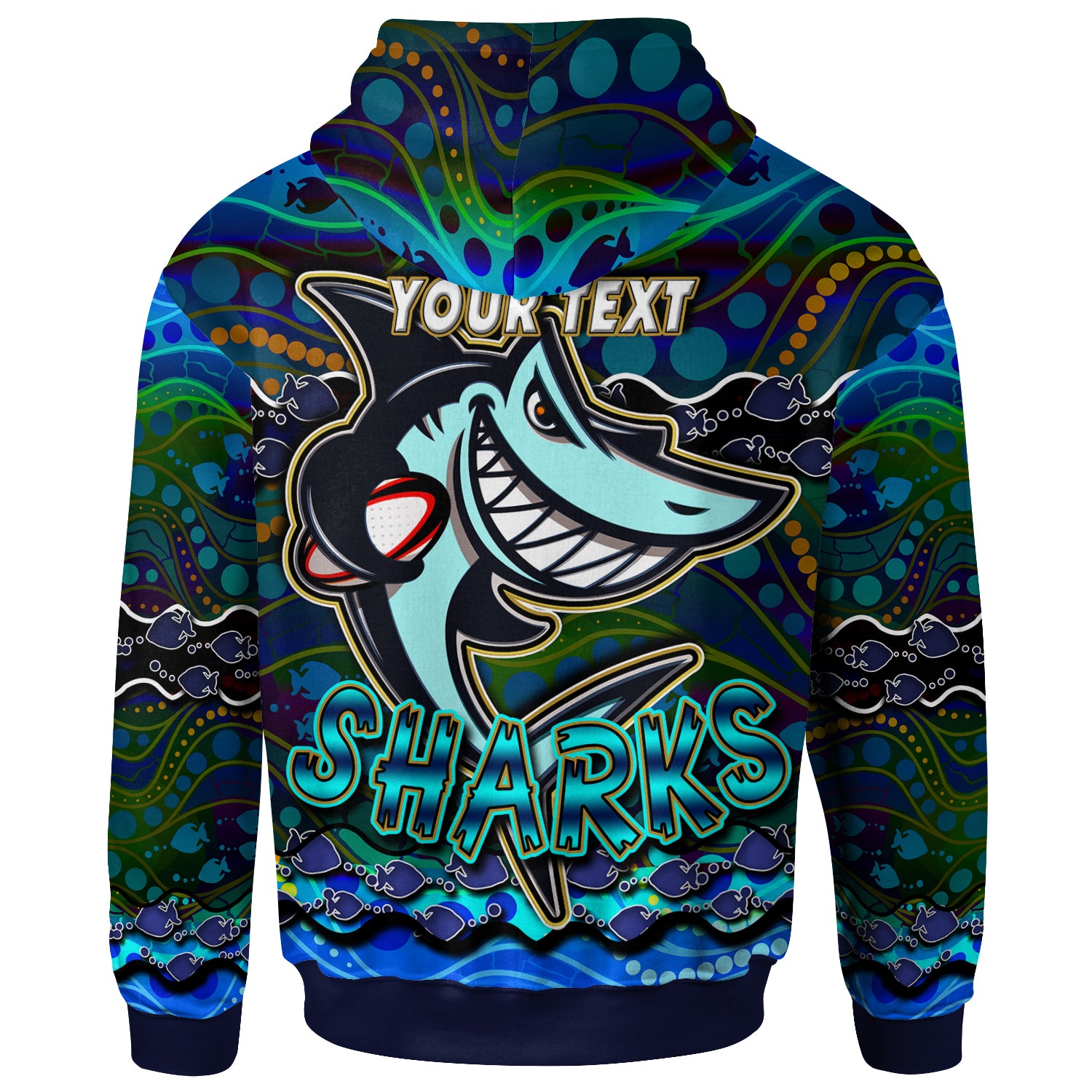 sharks-rugby-hoodie-custom-sharks-rugby-with-fish-aboriginal-style-personalised-player-and-number-hoodie