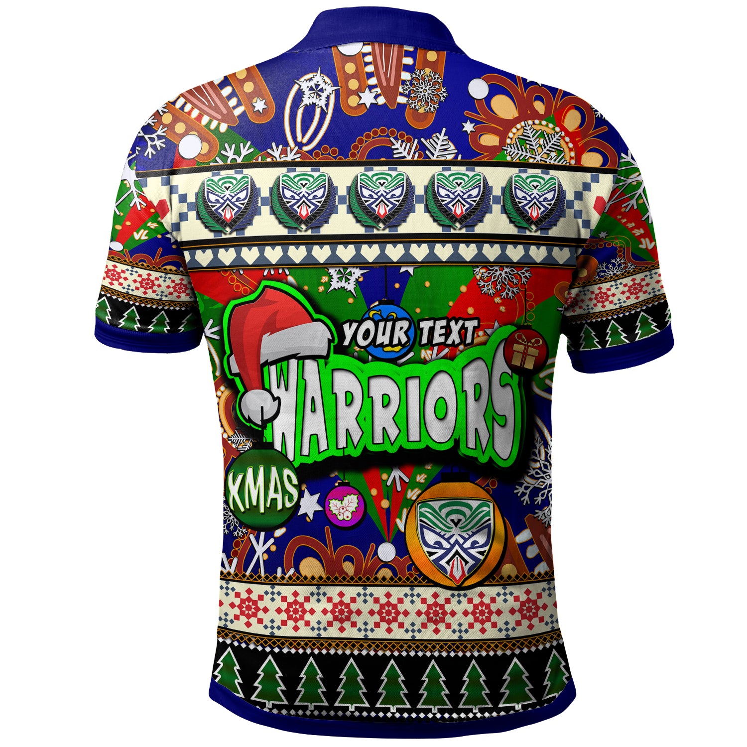 warriors-rugby-christmas-polo-shirt-custom-xmas-warriors-christmas-balls-snowflake-with-aboriginal-patterns-polo-shirt