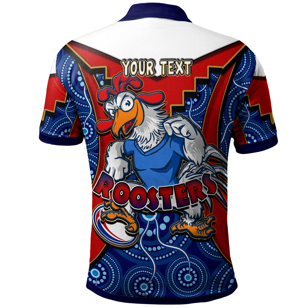 roosters-rugby-polo-shirt-custom-rooster-with-rugby-ball-aboriginal-dot-painting-personalised-player-and-number-polo-shirt