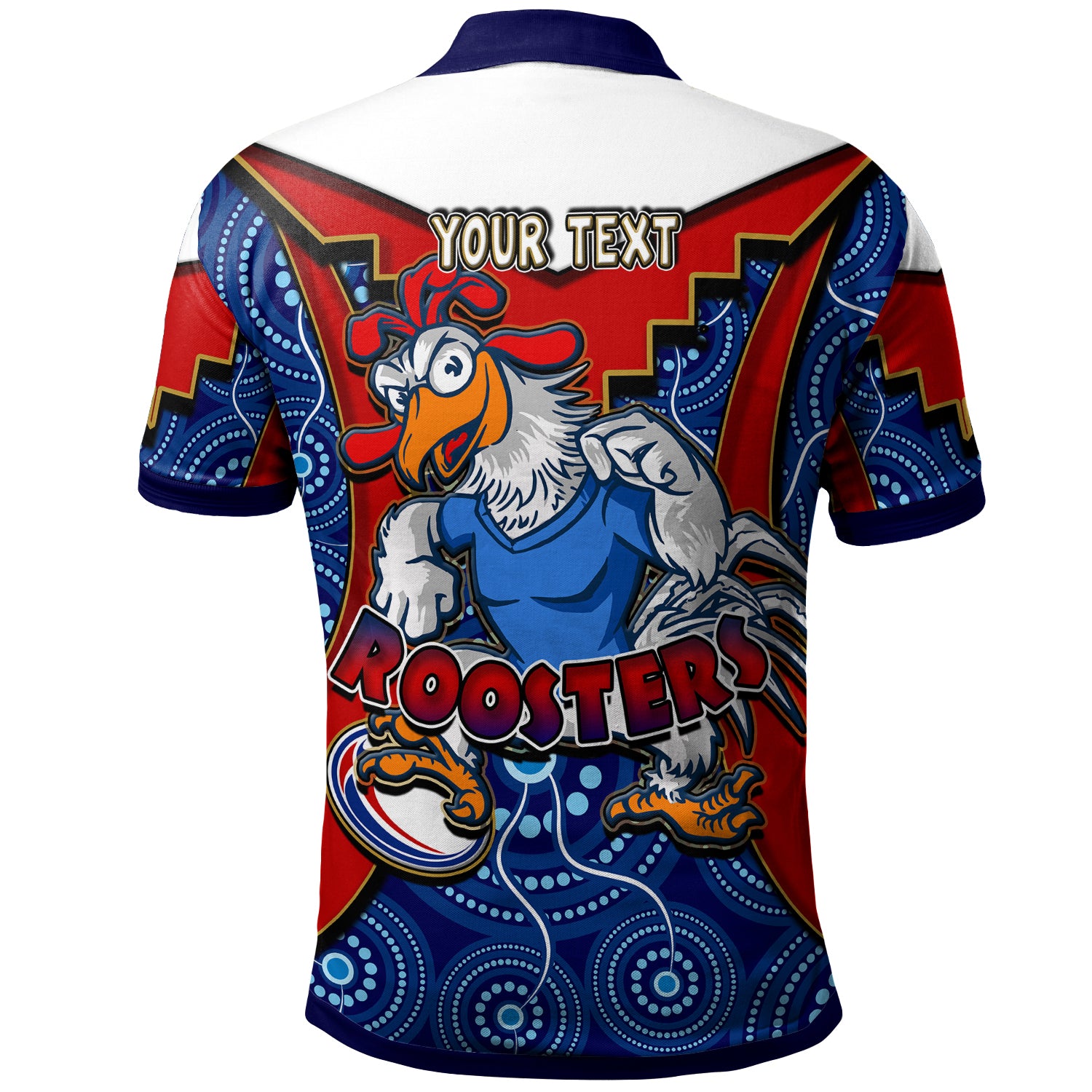 roosters-rugby-polo-shirt-custom-rooster-with-rugby-ball-aboriginal-dot-painting-personalised-player-and-number-polo-shirt