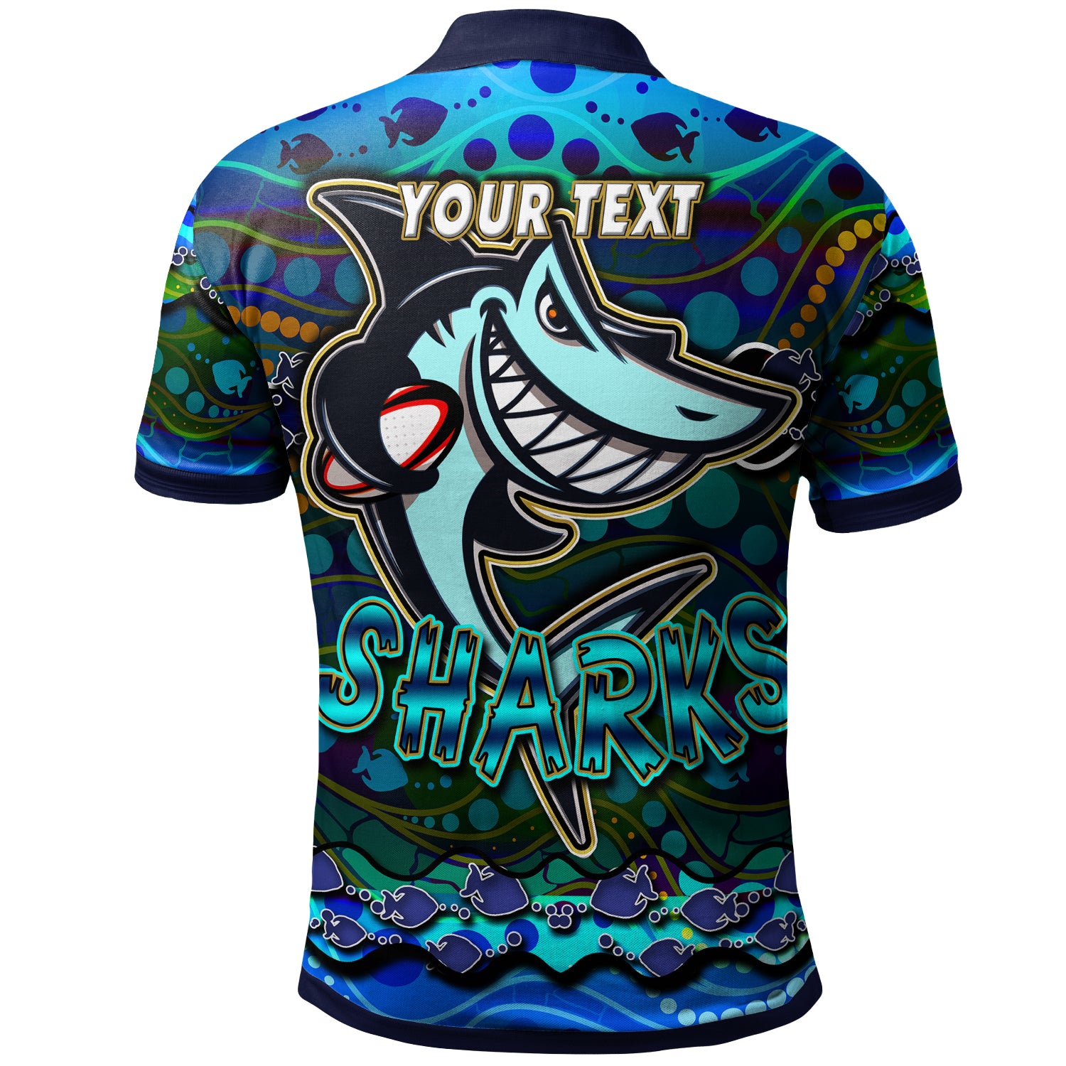 sharks-rugby-polo-shirt-custom-sharks-rugby-with-fish-aboriginal-style-personalised-player-and-number-polo-shirt