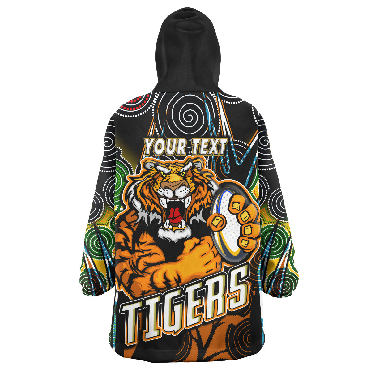 tigers-rugby-snug-hoodie-custom-tiger-rugby-ball-aboriginal-art-vector-painting-personalised-player-and-number-oodie-blanket