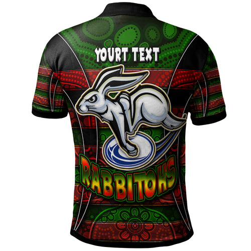 rabbitohs-rugby-polo-shirt-custom-rabbit-aboriginal-style-pattern-personalised-player-and-number-polo-shirt