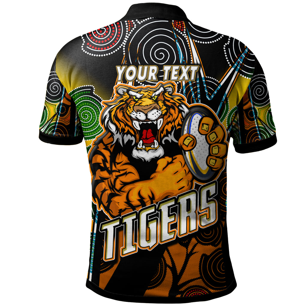 tigers-rugby-polo-shirt-custom-tiger-rugby-ball-aboriginal-art-vector-painting-personalised-player-and-number-polo-shirt